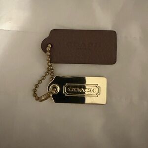Coach Gold-Tone Metal and Brown Leather Tag Keyring